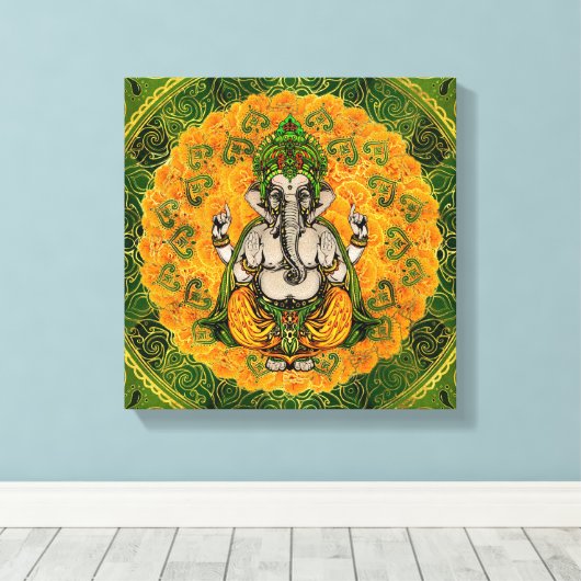 Ganesha in goudsbloem bloemen en gouden decoratie (Insitu (Houten vloer))