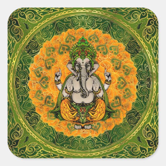 Ganesha in goudsbloem bloemen en gouden decoratie vierkante sticker (Voorkant)
