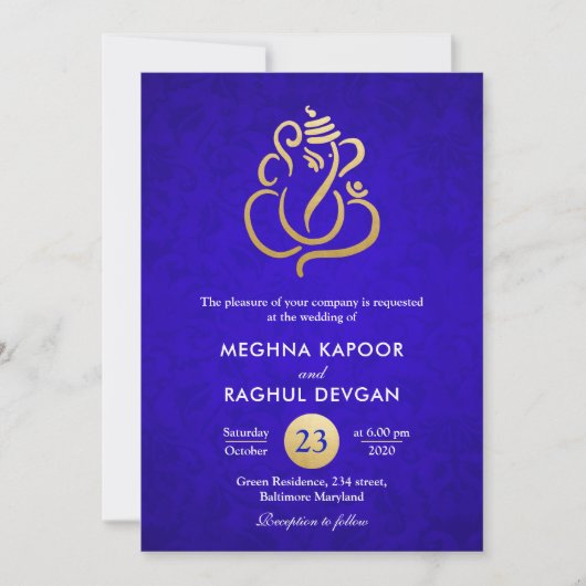 Ganesha/Indian Faux Gold Foil Blue Damask Wedding Kaart (Voorkant)