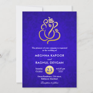 Ganesha/Indian Faux Gold Foil Blue Damask Wedding  Kaart