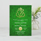 Ganesha/Indian Faux Gold Foil Green Damask Wedding Kaart (Staand voorkant)