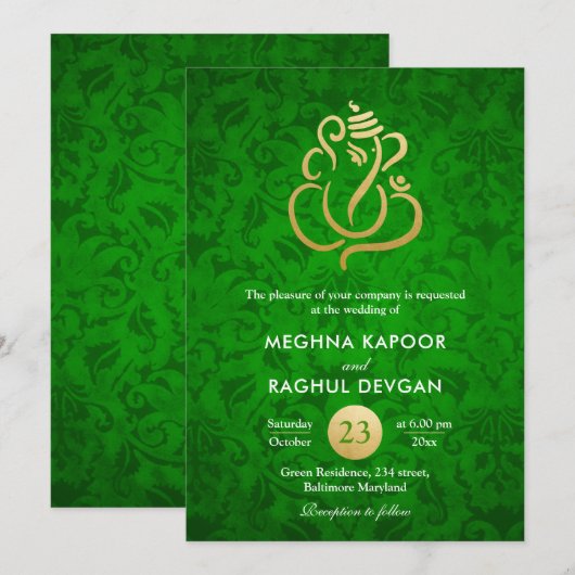 Ganesha/Indian Faux Gold Foil Green Damask Wedding Kaart (Voorkant / Achterkant)