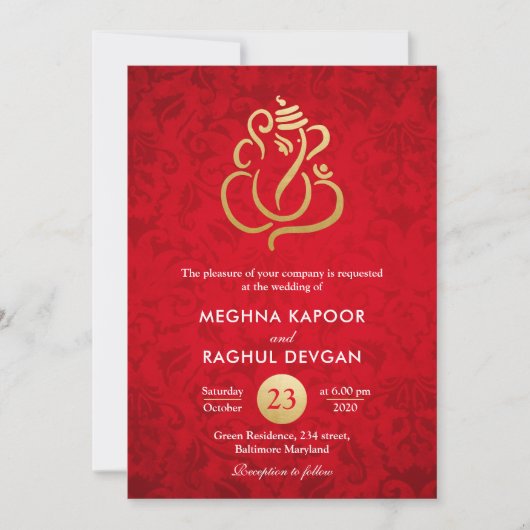 Ganesha/Indian Faux Gold Foil Red Damask Wedding Kaart (Voorkant)