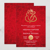 Ganesha/Indian Faux Gold Foil Red Damask Wedding Kaart (Voorkant / Achterkant)