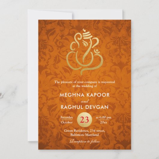 Ganesha/Indian Faux Gold Foil Sinaasappel Damask Kaart (Voorkant)