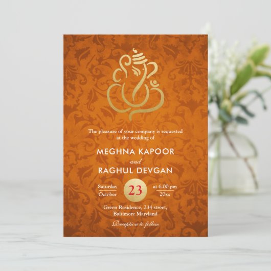 Ganesha/Indian Faux Gold Foil Sinaasappel Damask Kaart (Staand voorkant)