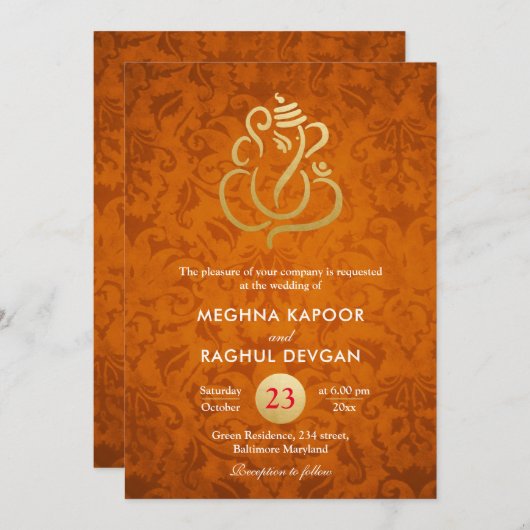 Ganesha/Indian Faux Gold Foil Sinaasappel Damask Kaart (Voorkant / Achterkant)