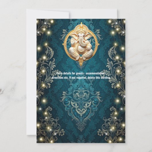 Ganesha olifant blauw goud Hindi Hindoe bruiloft Kaart (Achterkant)