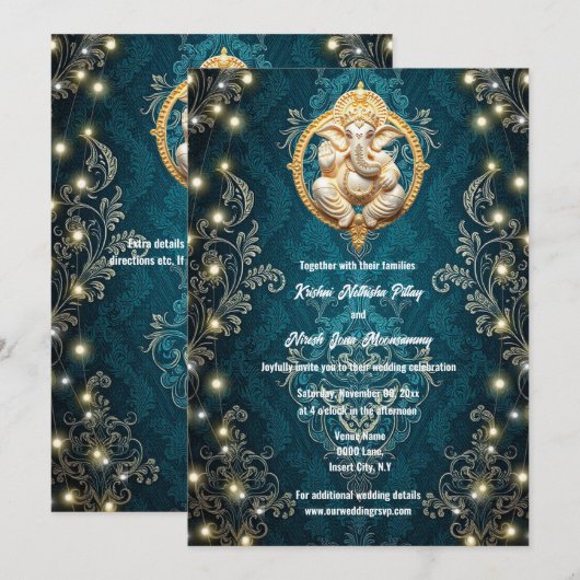 Ganesha olifant blauw goud Hindi Hindoe bruiloft Kaart (Voorkant / Achterkant)