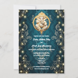 Ganesha olifant blauw goud Hindi Hindoe bruiloft Kaart