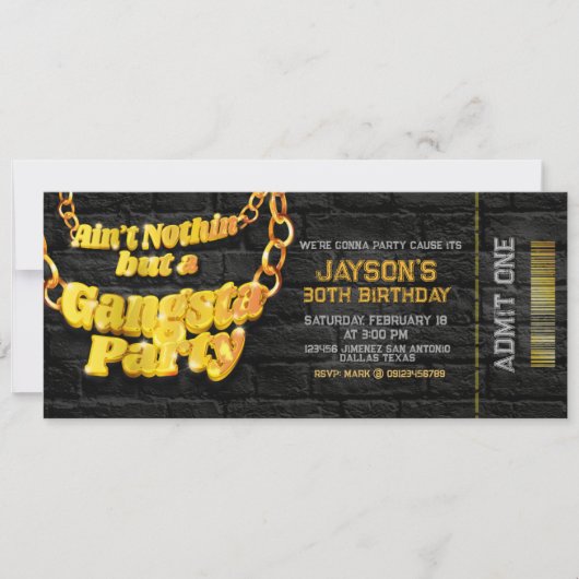 Gangsta Party - Hiphop Theme Ticket Uitnodiging (Voorkant)