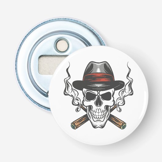 Gangster schedel met hoed button flesopener (Voorkant)