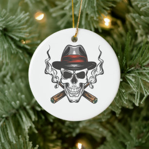 Gangster schedel met hoed keramisch ornament