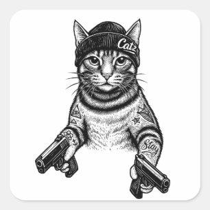 Gangsterkat-tatoeagekunst Coole Streetwear Kitty Vierkante Sticker