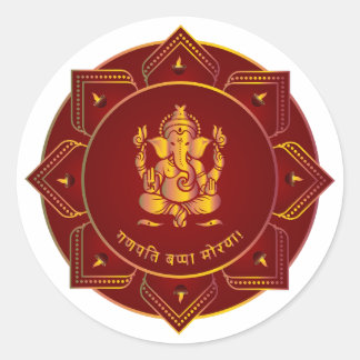 Ganpati Bappa Morya Gouden Ganesha 8 Diya Mandala Ronde Sticker
