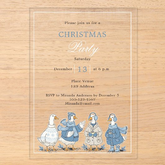 Gans blauw heldere kerstfeest acryl uitnodigingen (Voorkant)