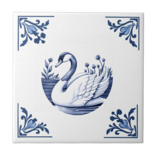 Gans Delfts Blauw en Witte Bloemhoeken Vogel Tegeltje