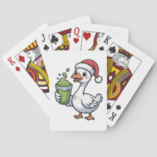 Gans die Matcha-drank vasthoudt en een kerstmuts d Pokerkaarten