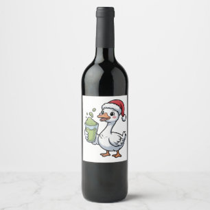 Gans die Matcha-drank vasthoudt en een kerstmuts d Wijn Etiket