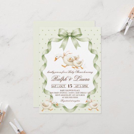 Gans Groen Stippen Baby Shower Kaart (Voorkant / Achterkant in situ)