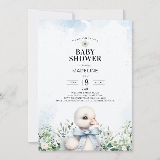 Gans met Bow Blue Boy Baby shower Invitation Kaart (Voorkant)