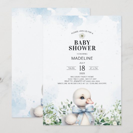 Gans met Bow Blue Boy Baby shower Invitation Kaart (Voorkant / Achterkant)