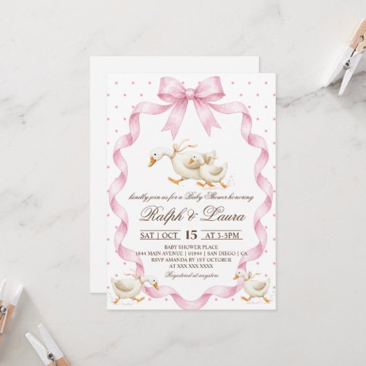 Gans Roze Stippen Baby Shower Kaart (Voorkant / Achterkant in situ)