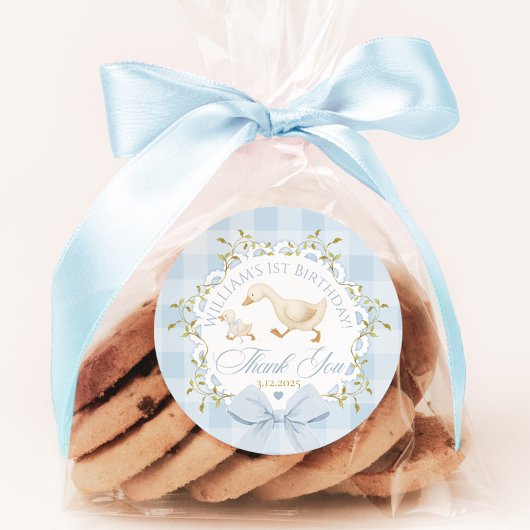 Gans Verjaardag Blauw Gingham Bedankt Ronde Sticker