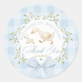 Gans Verjaardag Blauw Gingham Bedankt Ronde Sticker (Voorkant)