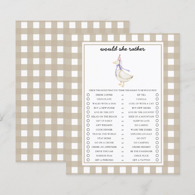Gans Zou Ze Liever Baby Shower Spel (Voorkant / Achterkant)