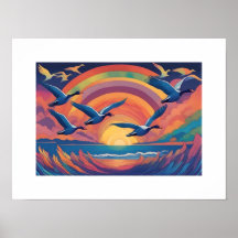 Ganzen boven het strand bij zonsopgang