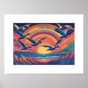 Ganzen boven het strand bij zonsopgang poster
