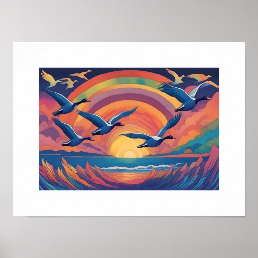 Ganzen boven het strand bij zonsopgang poster (Voorkant)