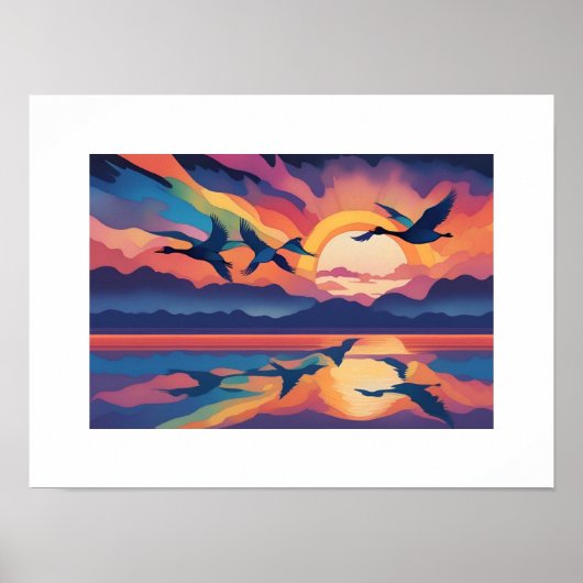 Ganzen boven water bij zonsopgang poster (Voorkant)