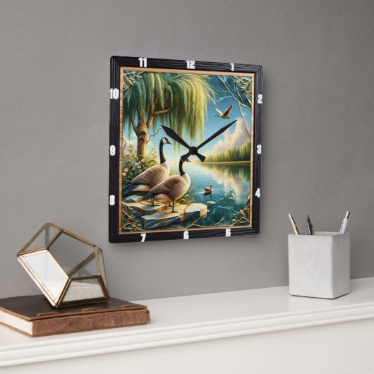 Ganzen en eenden Willow Ganzen Rustic River Vierkante Klok (Kantoor)