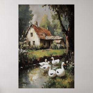 Ganzen In Dorpslente Druk, Digitale Schildering Poster