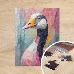 Ganzenportret moderne impressionistische kunst legpuzzel<br><div class="desc">Een modern portret van een gans, weergegeven in gedempte tinten met zacht roze en blauwe tinten, en expressieve abstracte penseelstreken. Het zachte kleurenpalet en de getextureerde penseelvoering creëer zijn een rustige, maar opvallende interpretatie van de gans, die eenvoud combineert met artistieke diepgang. Dit stuk biedt een eigentijdse, minimalistische kijk op...</div>