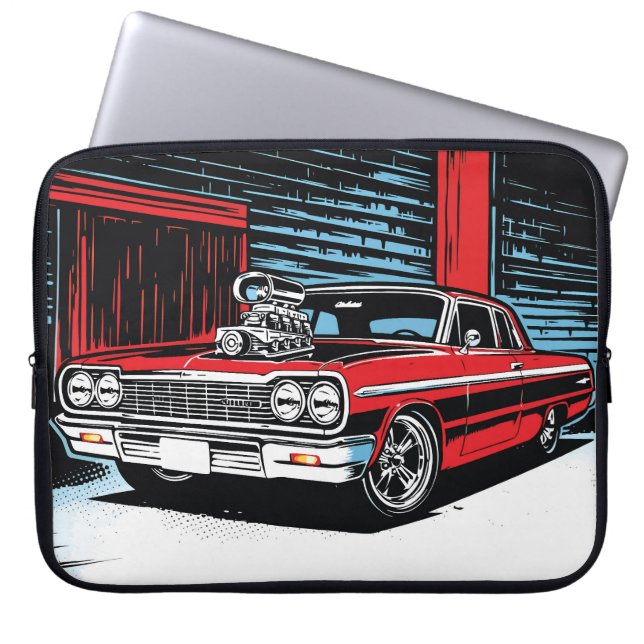 Garage Beest Rood Pop Art Cruiser Laptop Sleeve (Voorkant)