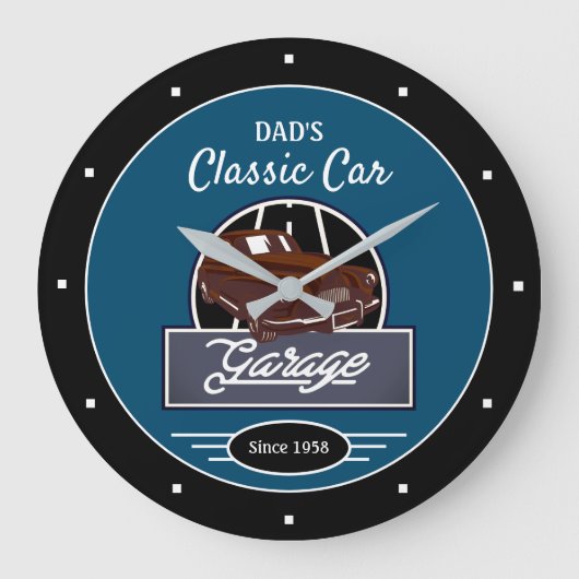 Garage Dad's of Any Name Classic Car Garage Blue Grote Klok (Voorkant)