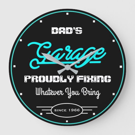 Garage Dad's of Any Name Fixing Turquoise Black Grote Klok (Voorkant)