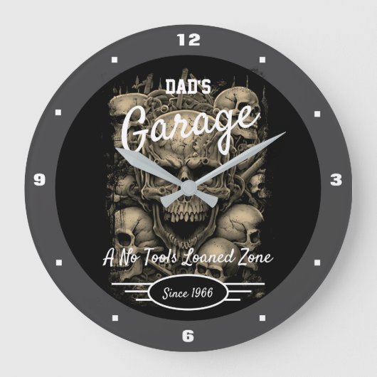 Garage Dad's of Any Name Skulls Zwart Grijs Grote Klok (Voorkant)