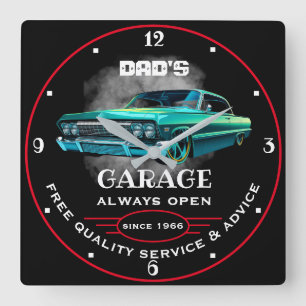 Garage elke naam altijd open slogan groen auto vierkante klok