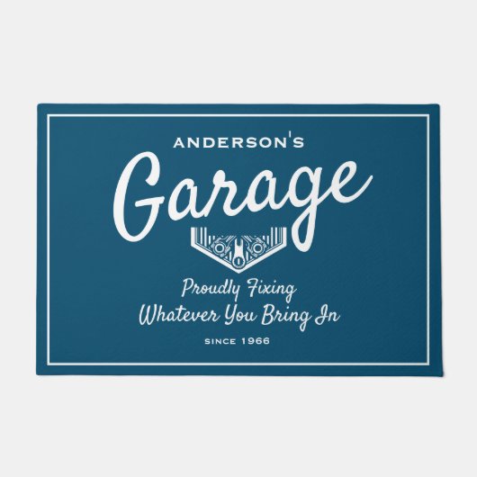 Garage Elke naam Funny Gezegde Blue White Script Deurmat (Voorkant)