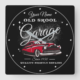 Garage Old School Jouw naam Low Rider Vintage Car Vierkante Klok