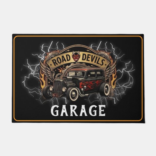 Garage Road Devils Hotrod Zwart Rood Vlammen Deurmat (Voorkant)