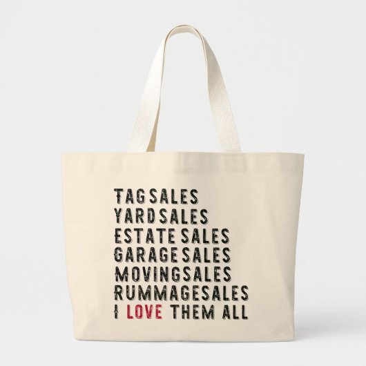 Garage Rummage Label Yard Estate Moving Sale Lover Grote Tote Bag (Voorkant)
