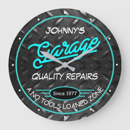 Garage voor elke naam Turquoise op diamantBord Grote Klok (Voorkant)