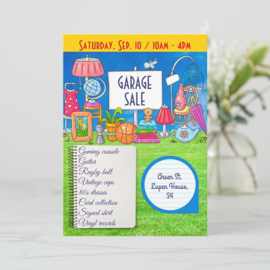  garageverkoop, uitnodiging tot verkoop op de sche (Staand voorkant)