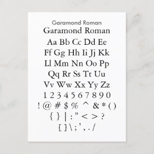 Garamond Roman - het Blad van de Steekproef van de Briefkaart