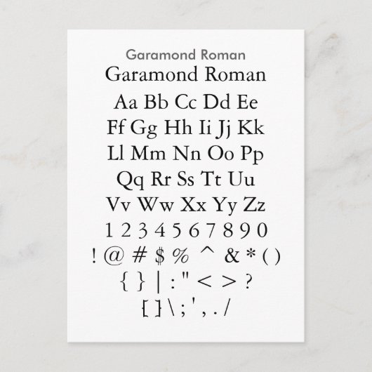 Garamond Roman - het Blad van de Steekproef van de Briefkaart (Voorkant)